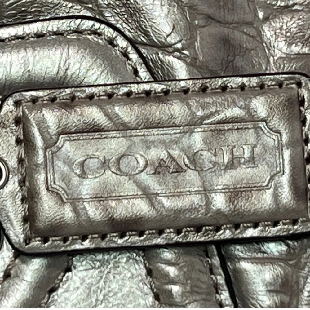 Coach Ashley Carryall Women Large Silver Metallic Croc Embossed Leather Tote Bag